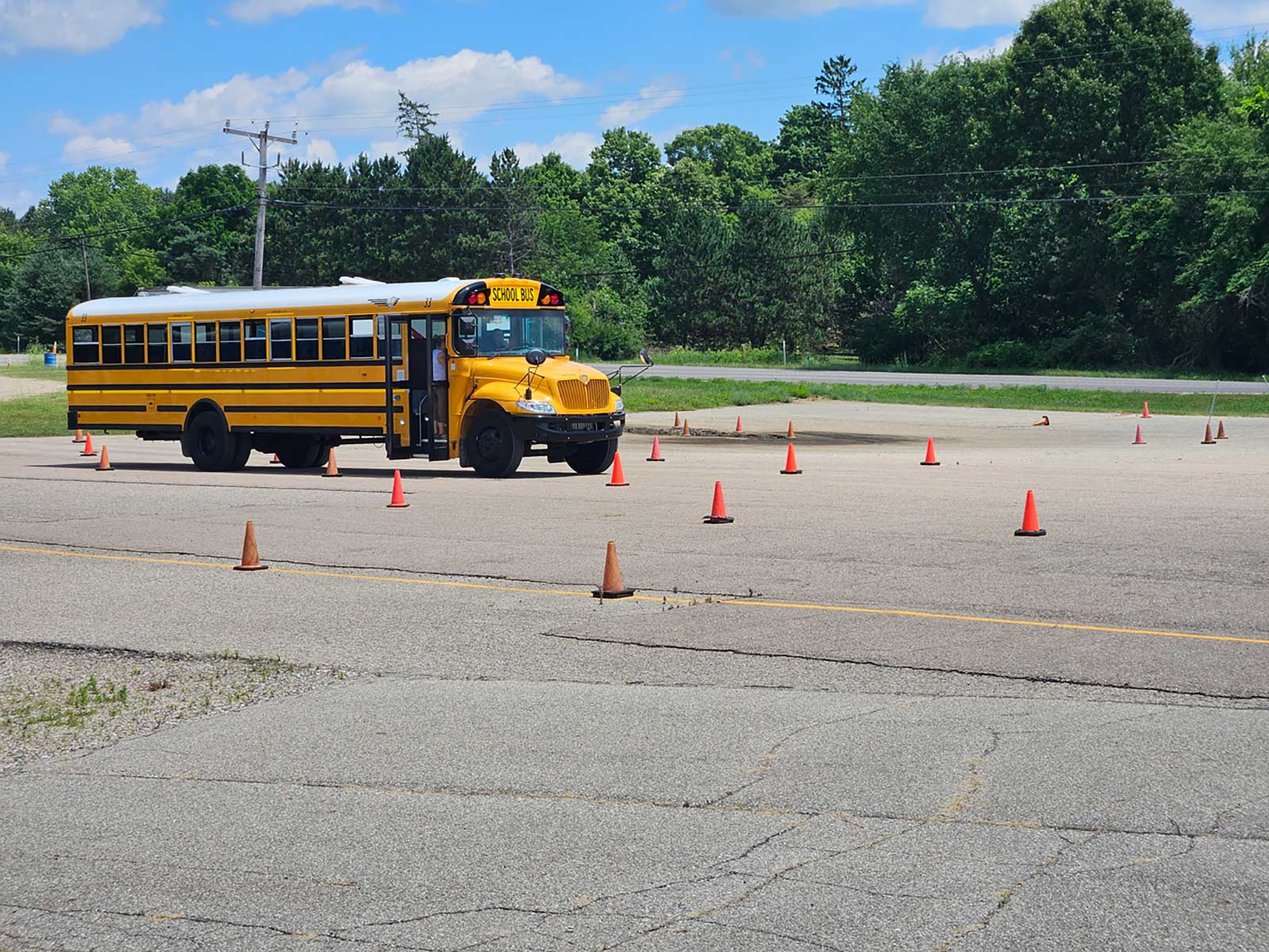 school bus parked in cones